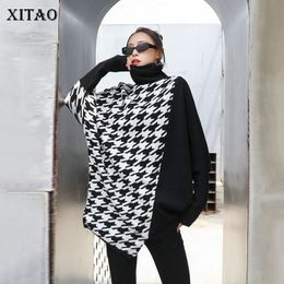 XITAO Fashion Houndstooth Sweaters for Women Loose Plus Size Bat Sleeve Turtleneck Pullover Women Irregular Wild Autumnn WJ1226 210203