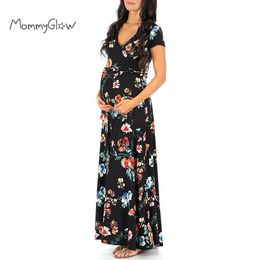 Women's Maternity Long Dress Prom Clothes Floral Printed V Neck Summer Pregnancy Dresses For Pregnant Women Maternity Clothing LJ201114