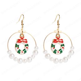 Elegant Christmas Dropping Oil Anchor Dangle Earrings Vintage Simulated Pearl Big Circle Drop Earrings Christmas Gifts for Girls