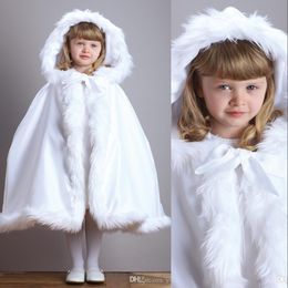 Hooded Flowers Girls Cape Hot For Wedding Cloaks Christmas White Ivory Faux Fur Winter Wedding Jacket Wraps Custom Free Shipping Tea Length