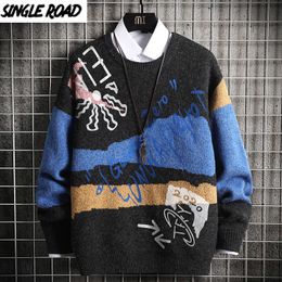 SingleRoad Oversized Mens Knitted Sweater Men Graffit Patchwork Sweaters Jumper Pullover Hip Hop Harajuku Black Sweater Men 201120