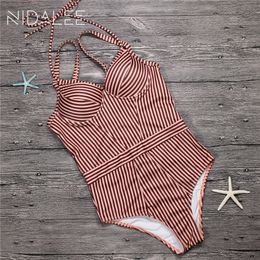 Swimwear Women One-piece Swimsuit 2020 Summer Cute Striped Bikini Top Swim Wear Bottom Backless Sexy Swimming Beach Bathing Suit T200708