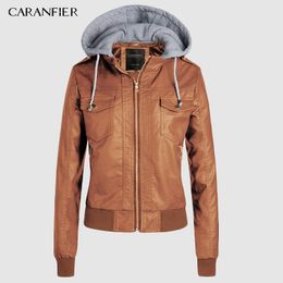 CARANFIER Hooded Faux Leather Jacket Women Spring Zipper Ladies Suede Motorcycle Punk Biker Jackets Street Sleeve Biker Jacket 201030