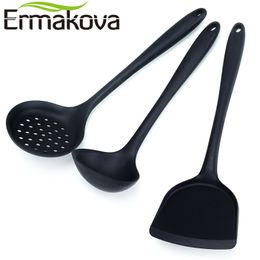 ERMAKOVA 3 Pcs/Set Non-Stick Silicone Turner Spatula Skimmer Spoon Soup Spoon Heat-Resistant Kitchen Cooking Utensils(Black) 201119