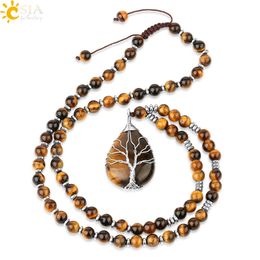 CSJA Natural Stones Beaded Tiger Eye Necklaces for Men Tree of Life Pendants Mala Yoga Beads 7 Chakra Reiki Female Jewelry S469 201013