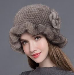 Wholesale-NH Fur Hats for Women Knitted Natural Fedoras Thick Warm In Winter Beanies Fashion Caps with Floral New Arrival MZW012