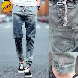 Men's Jeans Wholesale-Fashion Casual Teenagers Men Retro Slim Fit Spliced Drawstring Cuffed Design Hip Hop Stretch Bottoms Mens Ninth Pants