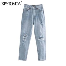 KPYTOMOA Women Chic Fashion Ripped Hole Side Pockets Jeans Vintage High Waist Zipper Fly Denim Female Ankle Trousers Mujer 201223