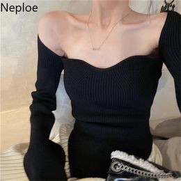Neploe Knitted Sweater Spring 2020 Sexy Strapless Long Sleeve Ladies Pullover Fashion Casual Square Collar Female Tops LJ200815