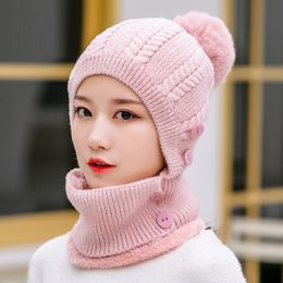 16 Colour Outdoor sports windproof hat Winter keep Warm plush hat collar two piece set Solid Colour thickened knitted hat Party Hats T9I00768