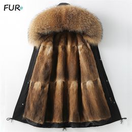 Detachable X-long Parka Waterproof Winter Jacket Women Natural Raccoon Fur Hood Rabbit Fur Liner Real Fur Coat Streetwea 201212