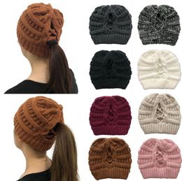 Cross Ponytail Hat Women Knitted Beanies Caps Wool Crotchet Skull Hats Outdoor Warm Headgear Party Big Girls Winter Accessories DW6100