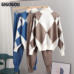 GIGOGOU Geomatric Knit 2 Piece Sets Women Sweater Tracksuits Autumn Turtleneck Pullovers Top + Harem Pants Suits Jacket 220315