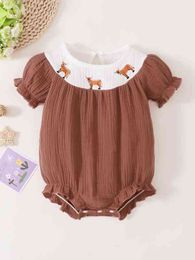 Baby Cow Embroidered Puff Sleeve Ruffle Trim Bodysuit SHE
