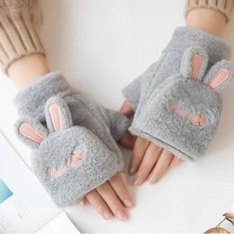 Luxury-Cute cartoon Thick Fingerless Flip plush Touch screen Mittens Women Winter Warm Velvet Student Computer Typing Gloves L12