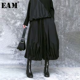 [EAM] High Elastic Waist Black Pleated Split Wide Leg Trousers New Loose Fit Pants Women Fashion Tide Spring Autumn LJ201029