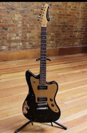 Custom Shop Fano Alt De Facto JM6 Heavy Relic Black Electric Guitar Floyd Rose Tremolo, Black P-90 Pickups, Gold Pickguard, Vintage Tuners