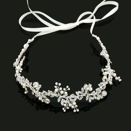 SLBRIDAL Handmade Ribbon Alloy Wired Rhinestones Crystals Pearls Flower Leaf Wedding Headband Bridal Hair Vine Hair Accessories W0104