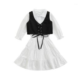 Clothing Sets 1-6Y Toddler Kids Baby Girl Long Sleeve White Shirt Bandage Vest Tops A-line Skirt 3PCS Outfits Dress Set