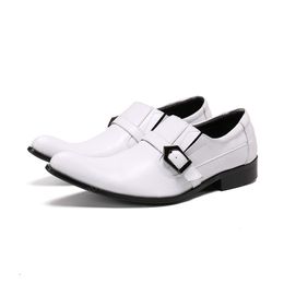 Fashion Wedding Party White Genuine Leather Shoes Men Buckle Pointed Toe Dress Shoes Business Men Formal Shoes