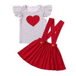 2021 Girl Children Skirt Suit Fashion Polka Dot Heart Fly Sleeve T-shirt Solid Colour Suspender Skirt Valentine's Day Clothes G220217