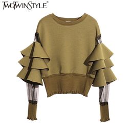 TWOTWINSTYLE Patchwork Mesh Perspective Short Female Sweatshirt For Women Top Pullovers Loose Black Autumn Top Clothes New 201102