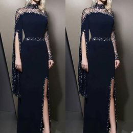 High Neck Navy Mermaid Prom Dresses Beads Sequins Appliqued Long Sleeves Evening Dresses Ruched Satin Custom Made Formal Pageant Gown