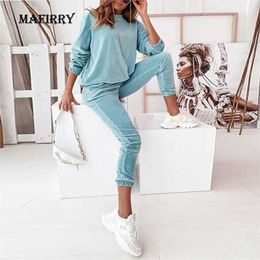 Women Solid O-Neck Long Sleeve Full Pant Homewear Suits Spring Autumn Velvet Casual Pocket Ladies Sets Loose Loungewear 211221