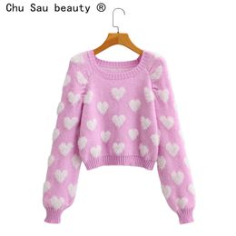 New Sweet Fashion Sweaters Women Chic Love Heart Shape Knitted Pullovers Sweater Fall Long Sleeve O-neck Knit Jumper Mujer 201030