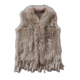New Real ladies Genuine Knitted Rabbit Vest With Raccoon Trimming Waistcoat Winter Jacket harppihop Fur 201110