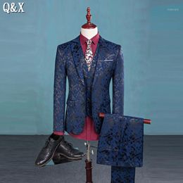 Men's Suits & Blazers Wholesale- MS56 Prom Men Suit With Pants Blue Floral Jacquard Wedding For 3 Pieces / Set (Jacket+Vest+Pants) Korean Sl