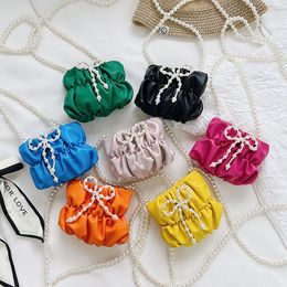 Baby Girls Leather Crossbody Purses and Handbags Children Beaded Bow Purse Toddler Princess Pearl Chian Cluch Kid Mini Coin Purses