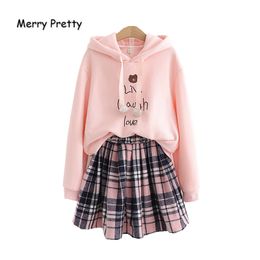 Merrt Pretty Women's Sets Love Cartoon Bear Embroidery Hooded Sweatshirt And Plaid Pleated Skirts 2020 Spring New Two Piece Set T200702