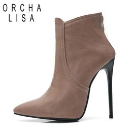 ORCHA LISA fashion slim heel short boots women lady anklle boots 12cm high heel Zipper party prom office shoes big size 14 15