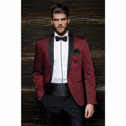 Men's Suits & Blazers Wholesale- Fashion One Button Burgundy Groom Tuxedos Wedding Prom Dress Wear Men Suit (Jacket+Pants+Girdle+Tie)1