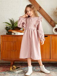 Girls Ruffle Trim Flounce Sleeve Corduroy Dress SHE01