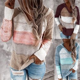 Women Knitted Hoodies Autumn Striped Hooded Sweatshirt Casual Patchwork V-Neck Long Sleeve Plus Size Female Hoody Pullover Tops T200904