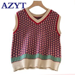 AZYT V Neck Loose Knit Women's Sweater Vest Autumn Stripe Panelled Women Sleeveless Tops Casual Knit Tank Tops Female 201211