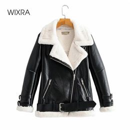 Wixra Fake Faux Leather Jackets Womens Winter Thick Warm Coats With Lamb Wool Autumn Lace-up Casual Coats For Female 201226