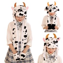 Children Kids Cute Milk Cow Animal Plush Hat with Moving Ears Winter Fluffy Warm Stuffed Beanie Earflap Cap Scarf Cosplay Party