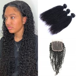 Peruvian Kinky Curly Human Hair 3 Bundles with 4x4 Lace Closure Remy Hair Wefts and Closures