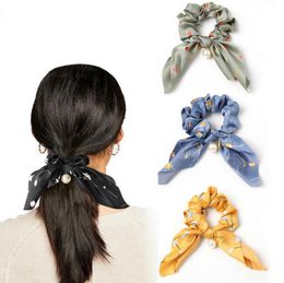Bow Hair Scrunchies Rabbit Ear Women Hairband Floral Girls Bowknot Headbands Pearl Ponytail Holder Elastic Elegant Hair Accessories