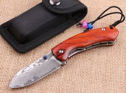 High Quality Damascus Pocket Folding Knife VG10 Damascuss Steel Blade Red Ebony + Steel Sheet Handle Knives With Nylon Bag