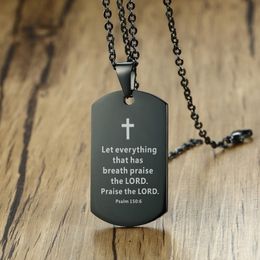 Bible Verse Necklace Cross Pendant Stainless Steel Mens Necklaces Dog Tag Religious Jewellery Black For Christian Prayer Gift