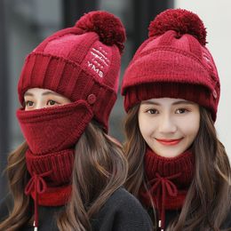 Sets 3 Hats Women Winter Knit Beanies Hat with Bib and Mask Female Ear Protection Skullies Hat Warm Velvet Thick Riding Wool Cap Y200102