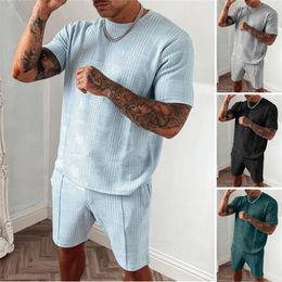Summer Tracksuit Men Casual Sports Set Solid Colour Plaid Short Sleeved Shorts Sets Mens Fashion 2 Piece Sportswear 220215