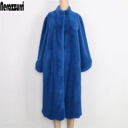 Nerazzurri Fluffy blue black pink elegant winter faux fur coat women Long plus size fashion 4xl 5xl 6xl 7xl Warm soft furry coat 201215