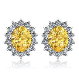 Yellow Citrine Sterling Silver Stud Earrings Women Fine Jewellery With Diamonds Oval Shape Boho Wedding Brincos Direct Selling