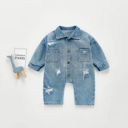 INS hole denim baby romper long sleeve boys rompers newborn rompers Infant Jumpsuit baby boy clothes baby clothes one piece clothing