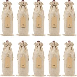 12pcs Rustic Jute Burlap Wine Bags Drawstring Covers Reusable Bottle Wrap Gift Package Bag(35*15)